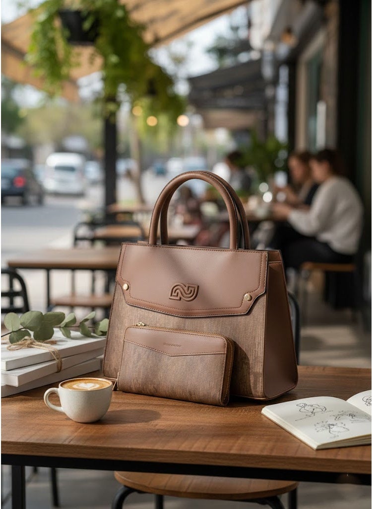 FUMES Brown Women’s Satchel Handbag with Matching Small Wallet – Structured Design, Solid Textured Finish, Elegant Office & Daily Carry Bag - Image 4